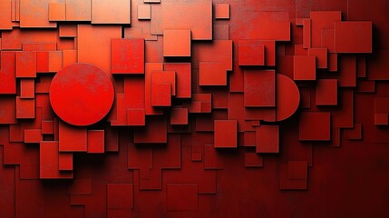 Poster - Abstract Geometric Composition with Overlapping Red Squares and Circles on a Textured Background