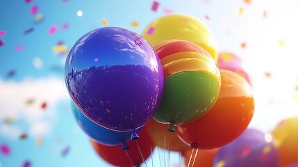 Poster - A cluster of colorful balloons against a bright blue sky, filled with confetti, symbolizing joy and celebration.