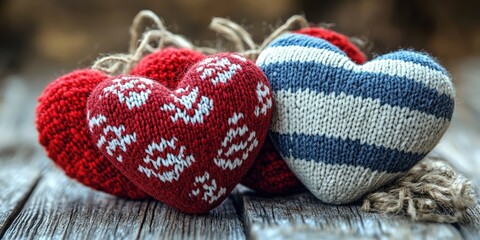 Poster - Close-up of cozy knitted hearts in red, white and blue, resting on rustic woodgrain background
