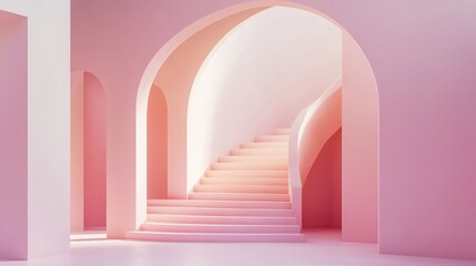 Poster - Elegant 3D geometric style interior with an arch and stairs, set against a smooth gradient pastel background for a modern touch