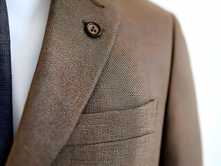 Close-up of a stylish brown tailored suit jacket with a subtle texture, ideal for fashion and business themes.