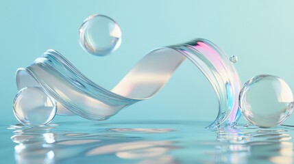 Poster - Elegant 3D render of a glass ribbon on water with surrounding geometric circles and spheres. Holographic shapes in motion add an iridescent digital art touch