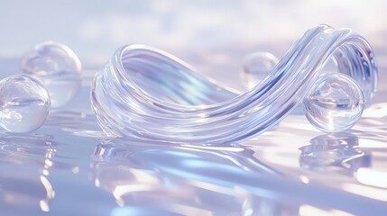 Poster - Elegant 3D render of a glass ribbon on water with surrounding geometric circles and spheres. Holographic shapes in motion add an iridescent digital art touch