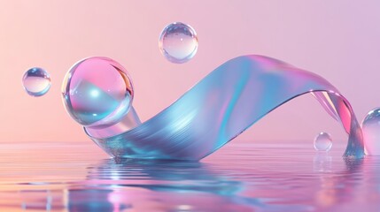 Poster - Elegant 3D render of a glass ribbon on water with surrounding geometric circles and spheres.