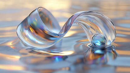 Poster - Elegant 3D render of a glass ribbon on water with surrounding geometric circles and spheres.