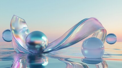 Poster - Elegant 3D render of a glass ribbon on water with surrounding geometric circles and spheres.
