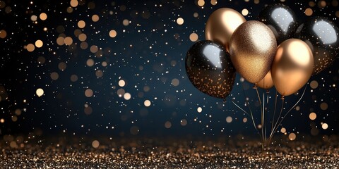 Poster - A cluster of gold and black balloons floating against a backdrop of shimmering gold bokeh