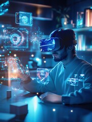 Fototapete - A virtual reality designer creates innovative experiences in a modern studio surrounded by floating 3D virtual objects. Generative AI