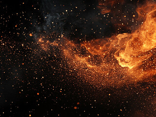 Fiery embers and particles over a black background, with burning coals and smoke