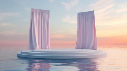 Wall Mural - Elegant 3D render of a platform podium on serene water, with gently waving curtains. Pastel colors and a minimal backdrop make it ideal for product promotion