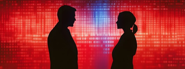 Silhouette of a man and woman facing each other, with a red digital background featuring blue code lines, symbolizing computer security in a business setting