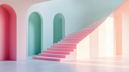 Poster - Elegant 3D render of a trendy geometric interior with an arch and stairs, utilizing a gradient pastel color scheme for a modern touch