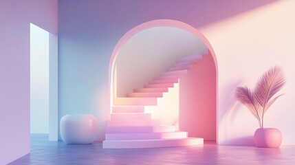 Poster - Elegant 3D render of a trendy geometric interior with an arch and stairs, utilizing a gradient pastel color scheme for a modern touch