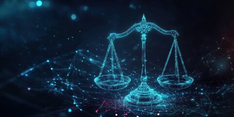 Poster - A digital illustration of scales, symbolizing justice and law, with glowing blue lines representing the blockchain network