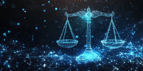 Poster - A digital illustration depicting scales, representing justice and law, with glowing blue lines forming an intricate network around them.