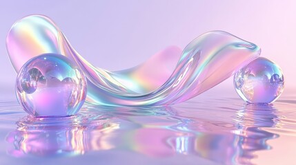 Poster - Elegant 3D render with a glass ribbon on water and geometric circles and spheres. Holographic shapes in motion provide a glossy,