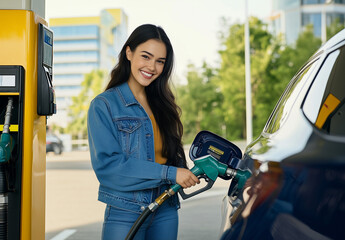 A smiling young woman refueling her eco-friendly car at a modern petrol station, holding a fuel nozzle connected to the vehicle. Woman refilling auto with biofuel at a modern petrol station.