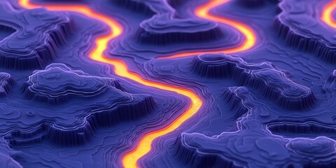Leinwandbilder - A glowing orange river flows through a purple and blue landscape, a stark contrast between the colors and textures of the terrain.