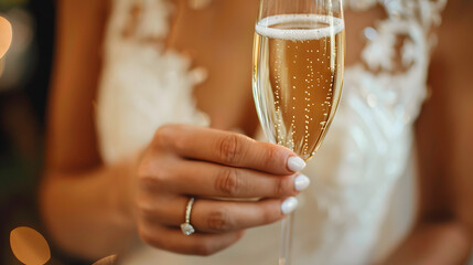 A close-up of a bride's hand holding a champagne flute, showcasing a sparkling engagement ring. The delicate lace of the wedding dress adds elegance, the celebratory moment