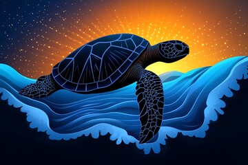 Poster - Clean silhouette of a sea turtle swimming through stylized waves, with soft gradients and geometric shapes