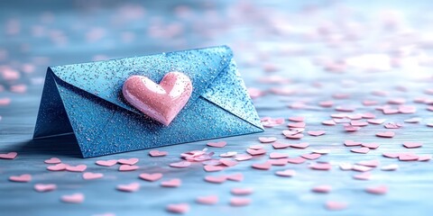 Poster - A blue envelope with a pink heart, surrounded by scattered pink hearts on a light blue wooden background
