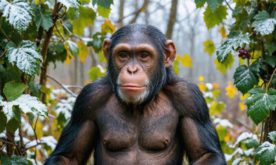 Wall Mural - a chimpanzee stands in a snowy forest, looking directly at the camera