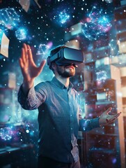Aufkleber - A virtual reality designer in a modern studio engages with floating 3D objects while wearing a VR headset during creative work. Generative AI