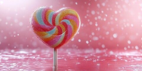 Aufkleber - A heart shaped lollipop with rainbow swirls on a pink background with bokeh lights, creating a sweet and dreamy atmosphere.