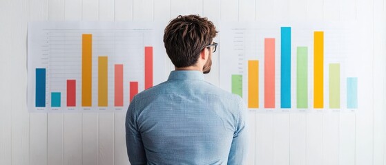 Businessman analyzing colorful graph data on a wall.