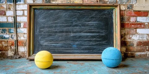 Poster - A weathered wooden framed chalkboard leaning against a brick wall with a yellow and blue ball on the floor in front of it