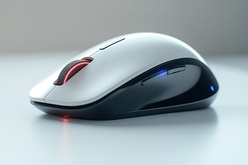 Poster - A white and black computer mouse with a blue light on the bottom
