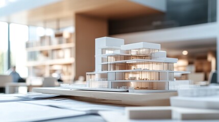 Poster - Modern Architectural Office Model with Blueprints