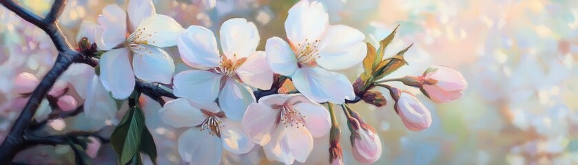 Capture a vibrant, close-up shot of a blooming cherry blossom tree on a college campus, using oil painting techniques to emphasize the delicate petals and soft lighting,,,