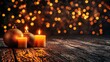 © javu - Decorative candles and ornaments on a wooden surface with soft bokeh lights.