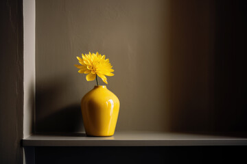 generated illustration of yellow flower in a yellow vase on wood shelf