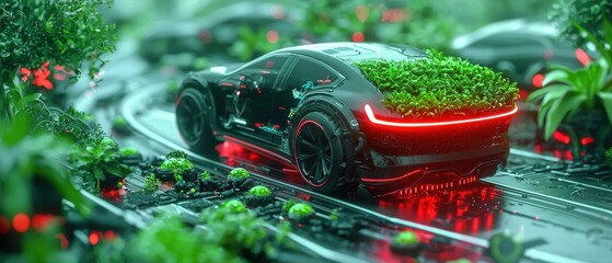 Poster - Futuristic car with greenery on top driving through vibrant, lush landscape.