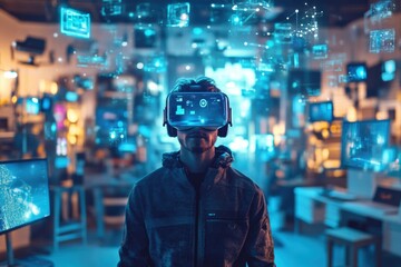 Aufkleber - A virtual reality designer explores floating 3D objects in a contemporary studio during a creative session. Generative AI