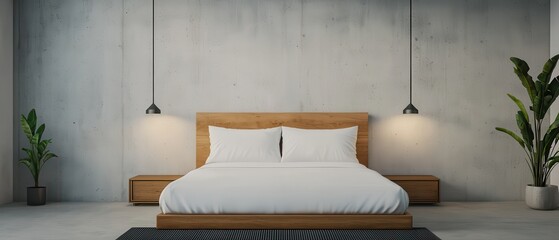 Poster - Modern bedroom interior with wooden bed and soft lighting, minimalistic design.