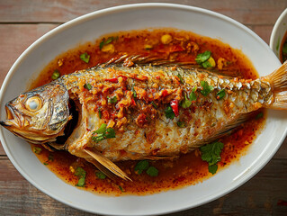 Wall Mural -  A plate of sauteed fish in red dry powder chili sauce.
