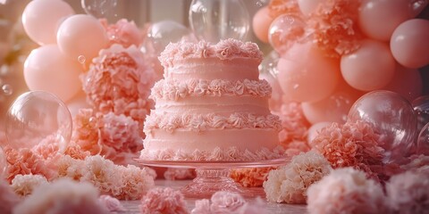 Poster - Pink frosted cake on a glass stand surrounded by delicate pink flowers and transparent balloons.