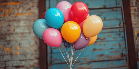 Poster - A cluster of colorful balloons tied together with string, floating in front of a weathered blue and brown wooden door.