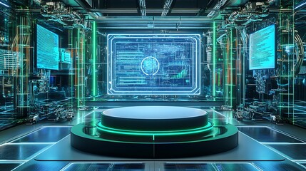 Poster - Futuristic digital room with glowing screen, tech and a round platform.