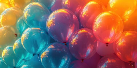 Poster - A symphony of iridescent balloons, reflecting vibrant hues of blue, pink, and orange, creating a mesmerizing and celebratory backdrop