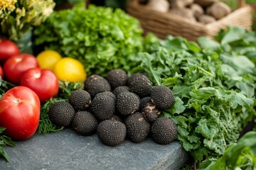 Truffles among greens and fresh ingredients on a stone surface at the market. Concept delicatessen fungi, expensive food, gourmet vegetable