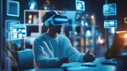Aufkleber - A virtual reality designer engages in immersive creation within a modern studio filled with floating 3D objects in real time. Generative AI