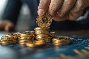 A person is holding a stack of gold coins, including a Bitcoin coin