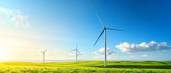 Wind Turbines Spinning in Green Meadow Representing Clean Energy and a Sustainable Future