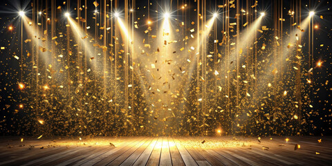 Poster - Golden confetti rains down on a wooden stage illuminated by bright spotlights. The dark background contrasts with the sparkling particles, creating a festive atmosphere.AI generated.