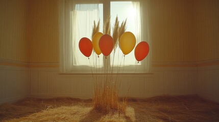 Aufkleber - A single window frames a scene of balloons floating amidst tall grasses, their colorful forms contrasting against the soft, golden light streaming through the window.