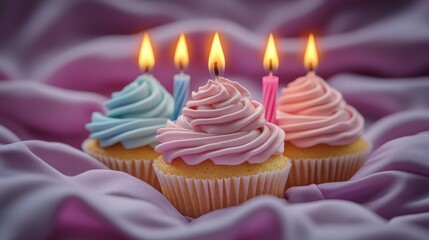 Aufkleber - A Trio of Birthday Cupcakes Adorned with Pink and Blue Frosting, Lit by Flickering Candle Flames, Resting on a Soft Purple Fabric Surface
